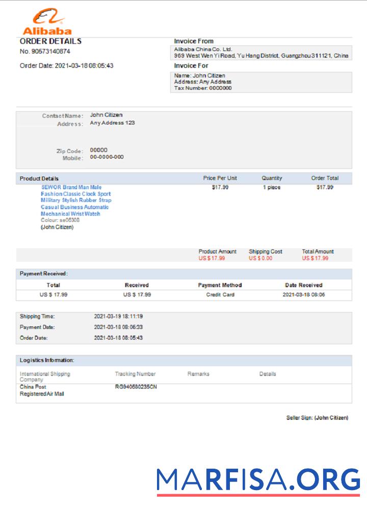 Blank USA Alibaba invoice sample